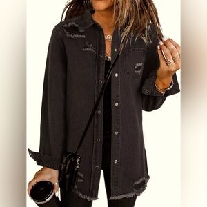 Black distressed denim shirt